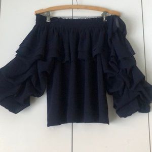 designer MISA Los Angeles off shoulder top in gorgeous navy blue